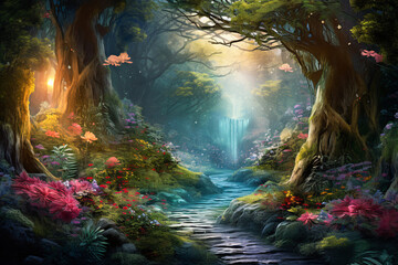 Enchanting Stream in a Forest with Flowers and Trees - Generative AI