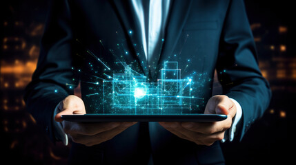  man's hand in digital, IoT, AI chatbot technology, smart devices, VPN cybersecurity, futuristic internet. Unleash the power of technology, sleek abstract background, blue circuitry pattern, gen ai