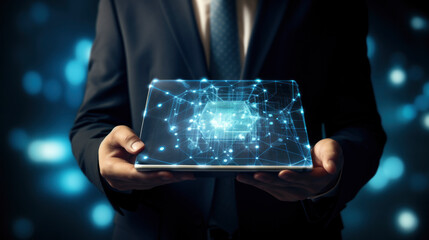  man's hand in digital, IoT, AI chatbot technology, smart devices, VPN cybersecurity, futuristic internet. Unleash the power of technology, sleek abstract background, blue circuitry pattern, gen ai