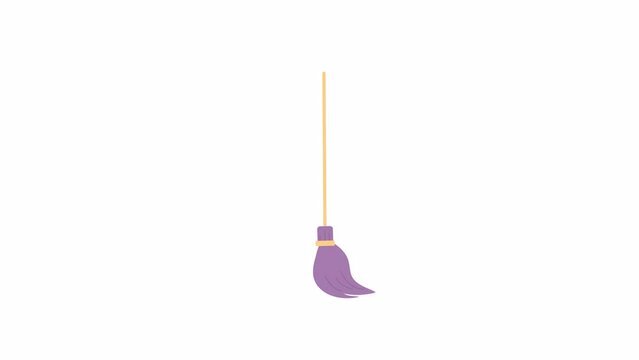 Witch broomstick sweeping floor 2D object animation. Magic broom brushing flat cartoon 4K video, transparent alpha channel. Wizard and witch staff. Halloween besom animated element on white background