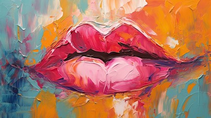 Painting abstract art of female Pink, red lips, mouth. Pop art retro vintage colorful background. Trendy and fashion color AI illustration. For poster and banner..