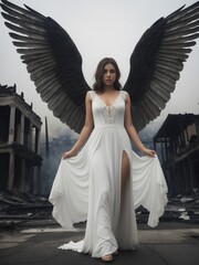 angel with wings with ripped clothes in a apocalyptic world. City in ruins