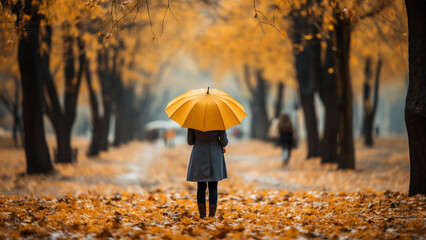Woman holding umbrella in park and autumn falling leaves.
