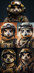 Cute special armed forces - command alpha . Collage (group portrait) of brave meerkats troops in in full ammunition. Generative AI