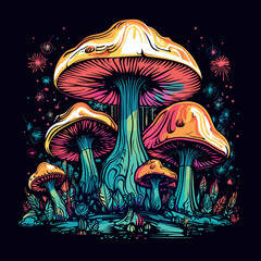 bright magical psychedelic mushrooms flat