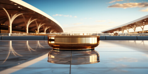 Gold product display stand or podium, airport background. Travel concept.