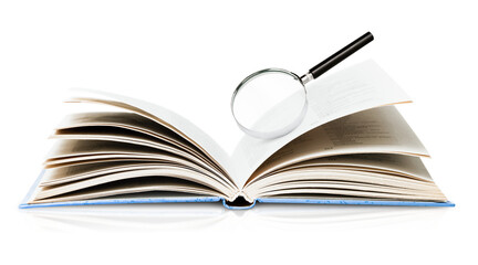 open book and magnifying glass on it, isolated on white background