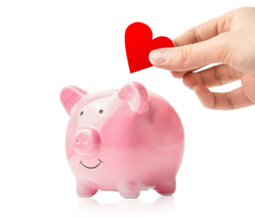 piggy bank and a hand with a red heart, on a white isolated background, support and donations