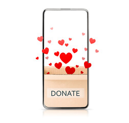 donation box in a smartphone with red hearts flying out of it, on a white isolated background, online help