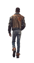 handsome young black man walking away. Full view. Leather jacket and jean pants.