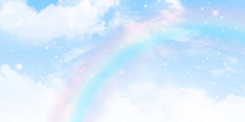 rainbow after rain and sun rays shining in blue sky. nature background. 3d stretch ceiling decoration pattern