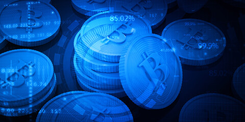 Bitcoin on blue background. 3d illustration..