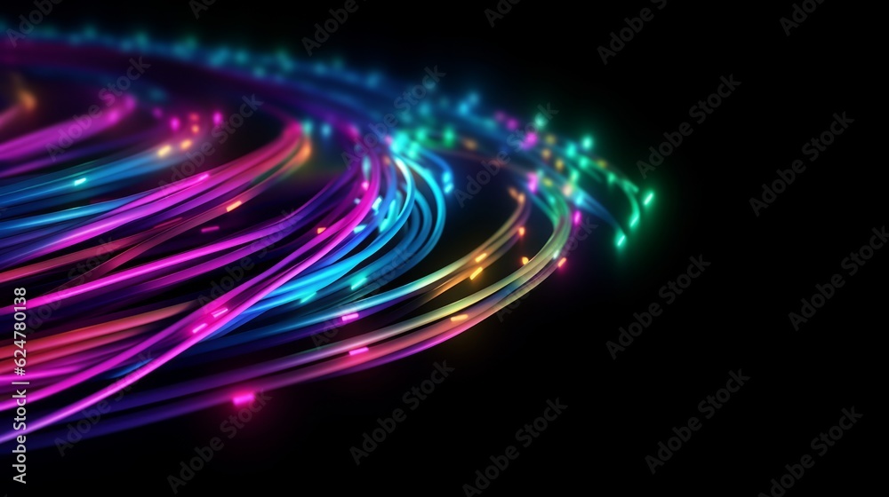 Poster abstract background with multicolored glowing lines and bokeh effect