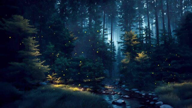 Mysterious spooky forest thicket with magic supernatural firefly lights soaring over small creek among fir tree silhouettes at dark misty night. Fantasy woodland scenery 3D animation.