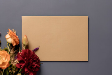 Blank card with a bouquet of flowers on a gray background
