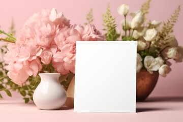Blank greeting card mockup with bouquet of flowers in vase on pink background