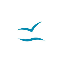 Obraz premium Icon of the ocean or sea with a lone seagull, petrel or albatross flying over the waves. Simple minimal vector.