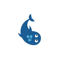Cartoon blue whale with fountain. Top view. Vector design.