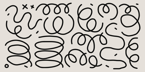 Abstract hand drawn line shapes collection. Naive art, infantile style trendy art. Simple colorful trendy decoration elements illustration set for poster, placard and other graphic design.