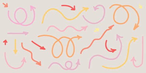 Obraz premium Hand draw curve wavy arrow set. Creative trendy direction signs in simple naive style. Vector illustration for poster, placard, texture decoration with different colorful cursors pointers collection.