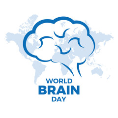 World Brain Day poster with abstract brain symbol vector illustration. Human brain and world map blue silhouette icon vector. July 22 every year. Important day