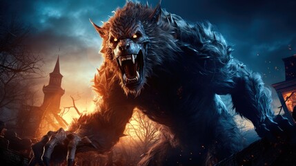 Werewolf howling at the moon with a full moon in the background, Halloween creature.