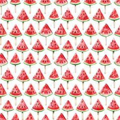 Seamless pattern with watercolor watermelon on stick isolated on white background. 