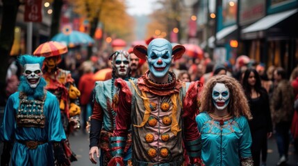 Fototapeta premium Halloween costume parade with people dressed as various characters, Halloween celebration.