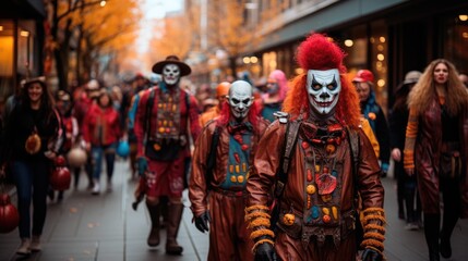 Halloween costume parade with people dressed as various characters, Halloween celebration.