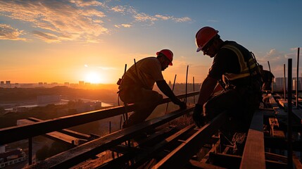 Silhouette of workers on a construction site against a sunset sky, symbolizing the hard work and dedication of laborers - obrazy, fototapety, plakaty