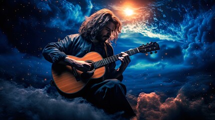 Obraz premium Man playing guitar under a starry night sky, music and inspiration concept.