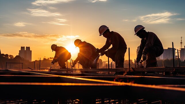 Silhouette of workers on a construction site against a sunset sky, symbolizing the hard work and dedication of laborers