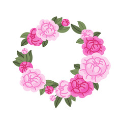 Round frame, garland, wreath or border of colorful blooming peony flowers and leaves. Natural vector illustration in flat style.