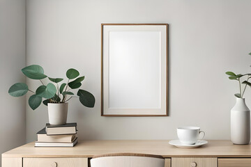 Empty wooden picture frame, poster mockup hanging on beige wall background. Vase with green eucalyptus tree branches on table. Cup of coffee, books. Working space, home office