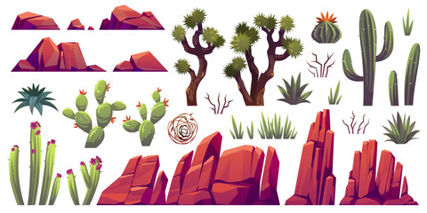 Desert elements. Cartoon stones of different shapes, plants of arid zones, succulents, cacti and tumbleweed, canyon rocks, exotic landscape objects, solid cliffs, bare trees tidy vector set - obrazy, fototapety, plakaty