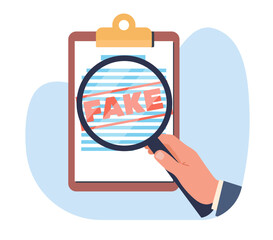 False document, concept of fraud and misreporting. Hand holding magnifying glass, red letters fake. Media illegal reports. Wrong information verification cartoon flat vector illustration - obrazy, fototapety, plakaty