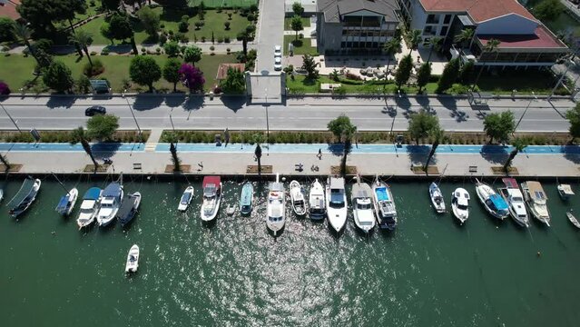 Drone shot of boats parked in Fethiye marina on the Turkish Riviera