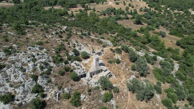 Drone shot of the Ancient City of Xanthos Necropolis in T&uuml;rkiye