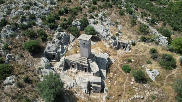 Drone shot of the Ancient City of Xanthos Necropolis in T&uuml;rkiye