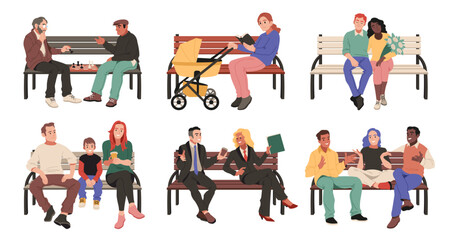 Persons sit on bench. Different people relaxing in park, outdoor wooden seating, chess players, young mother with stroller, romantic couple, parents with child and businessmen, tidy vector set