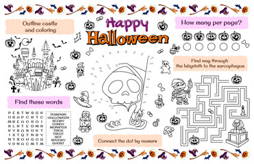Festive placemat for children. Print out a "Happy Halloween" sheet with a maze, word search, and coloring page. 17x11 inch printable vector file
