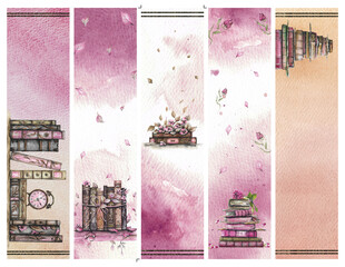 Set of 5 Digital Bookmarks with Watercolor Images on Letter size with a Transparent Background, Hand-drawn Book Illustrations, Watercolor Illustrations, Old Books, Old Style, Romatic, 2x8 inches