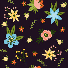 Seamless floral pattern. Cute flowers and leaves isolated on black background. Simple drawing elements. Decor textile, wrapping paper, wallpaper design. Print for fabric. Vector concept