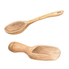 Watercolor illustration of a wooden spatula or scoop and spoon or ladle for cereals or powders, for flour. Isolated hand drawn illustration