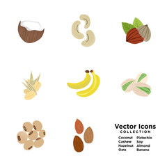 Set of Healthy fruit and nuts Vector Icons isolated on white background. Coconut, cashew, hazelnut, oats, pistachio, soy, almond, banana. Sources of healthy dairy-free milk sources. EPS 10.
