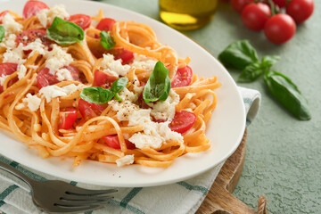 Salad caprese or pasta spaghetti broken with basil and mozzarella ala caprese on white plate on green rustic wooden background. Traditional Italian cuisine. Italian food concept. Top view. Recipe.