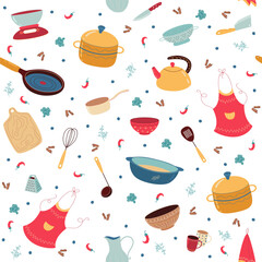 Seamless pattern with kitchen items. Gastronomy culinary equipment isolated elements. Cooking utensils. Decor textile, wrapping paper, wallpaper design. Vector cartoon flat concept