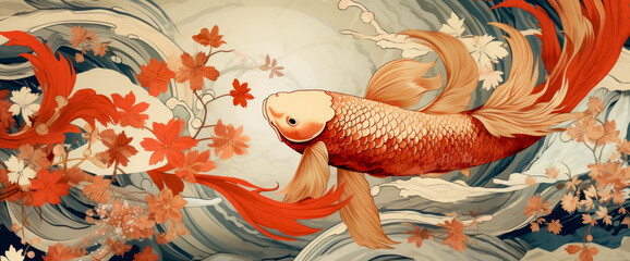 Beautiful watercolor Koi pattern with white and red flowers and colorful red fish.
