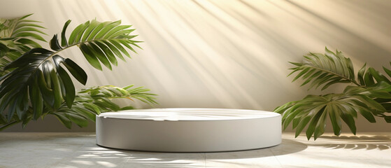 Fototapeta premium a blank minimal white counter podium with a soft beautiful, dappled sunlight palm foliage leaf shadow on wall for hygiene cosmetic, skincare, beauty treatment product created by generative AI