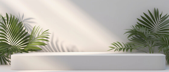 a blank minimal white counter podium with a soft beautiful, dappled sunlight palm foliage leaf shadow on wall for hygiene cosmetic, skincare, beauty treatment product created by generative AI